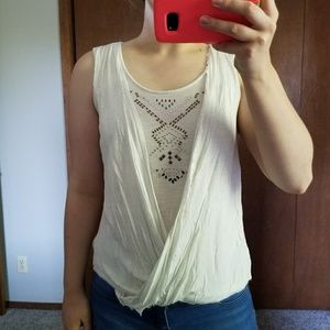 Cream crossover front tank top with jewel detail